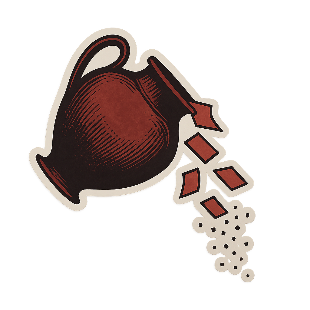 An engraved Greek ballot urn tipping over, its ballots dissolving into pixels.