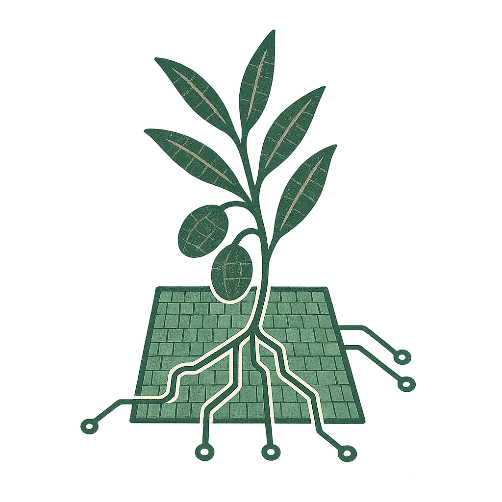 An olive branch growing through a circuit board.