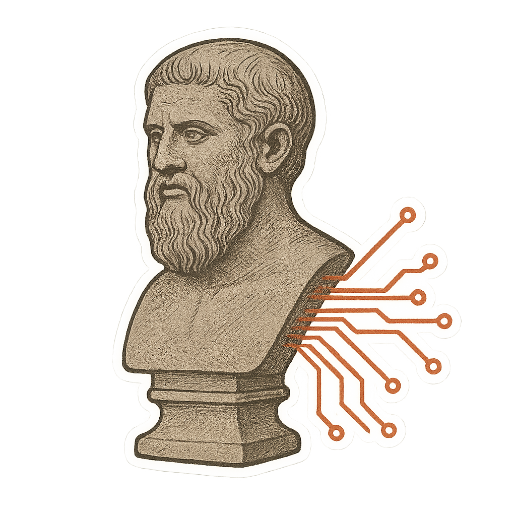 An engraved marble bust of Plato, its stone hatching turning into red circuit traces.